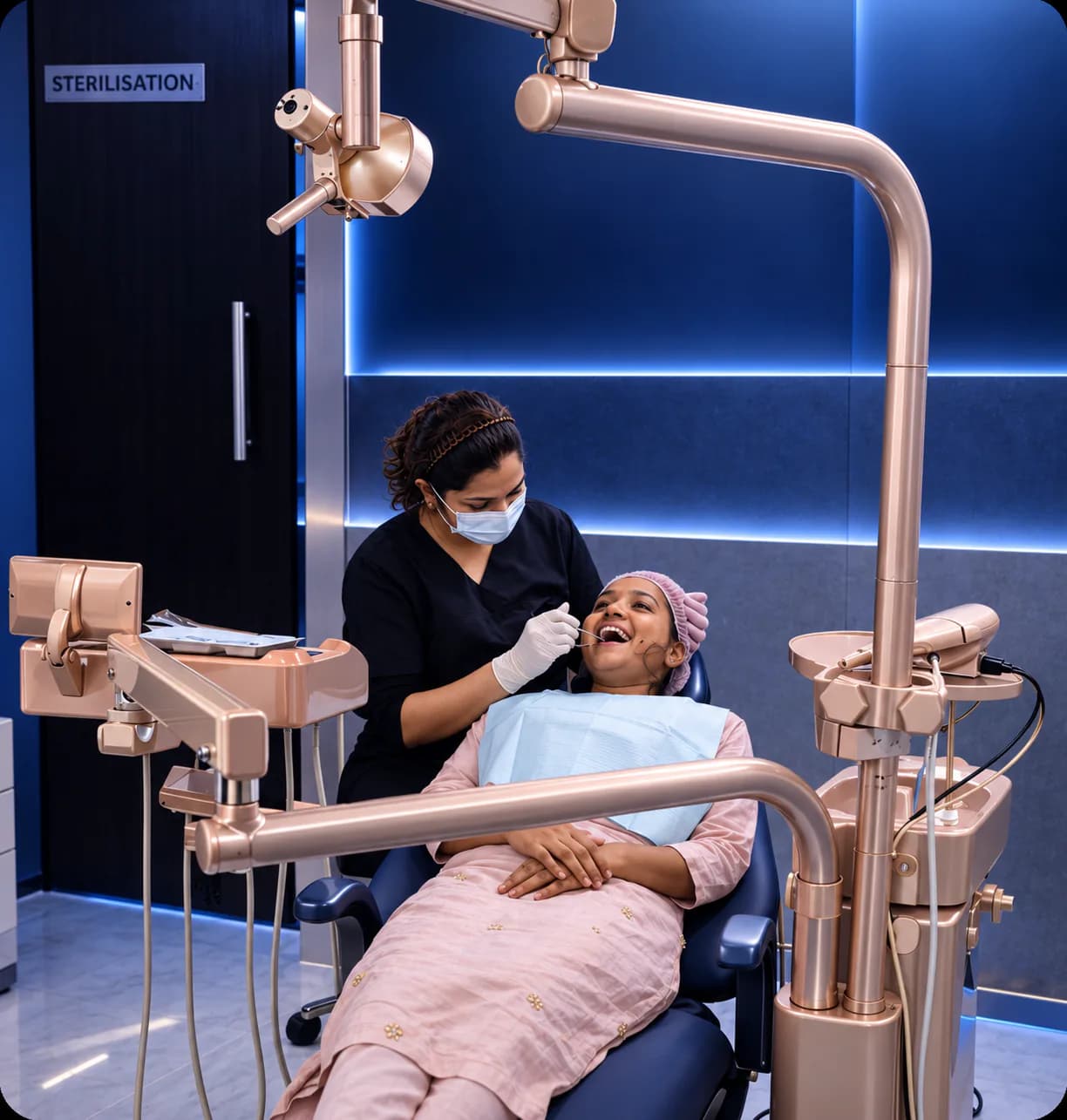 Dentist treating a smiling patient in a modern dental chair